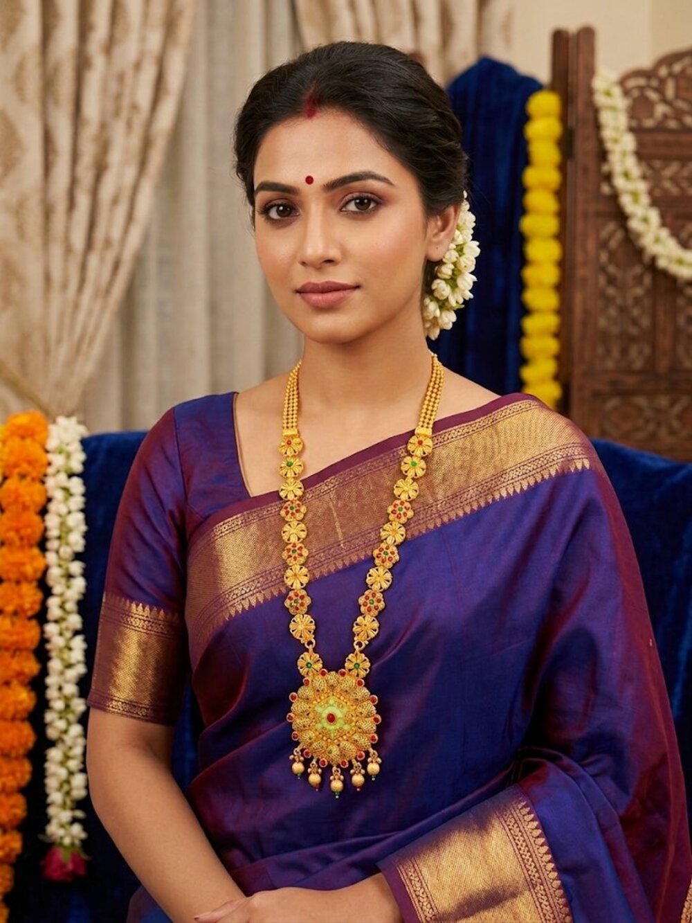Traditional Gold Temple Jewelry Set: Long Haram Necklace and Matching Jhumka Ear